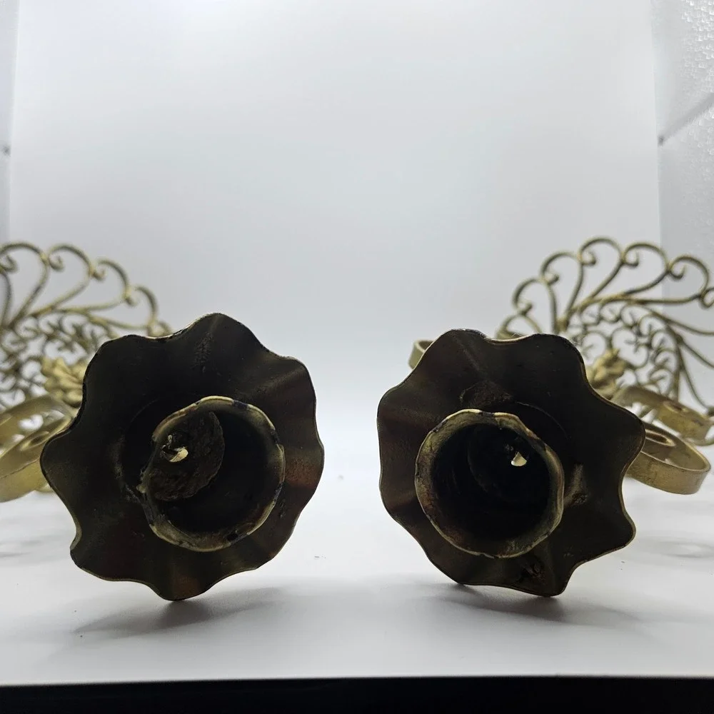 Vintage Wrought Iron Candle Holders Pair Ornate Gold Tone Metal‎ Candlesticks